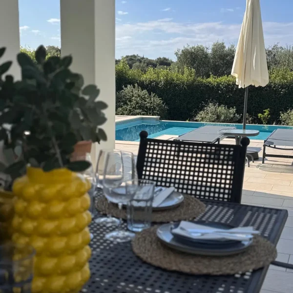 Image depicting the view from the outside dining area towards the pool